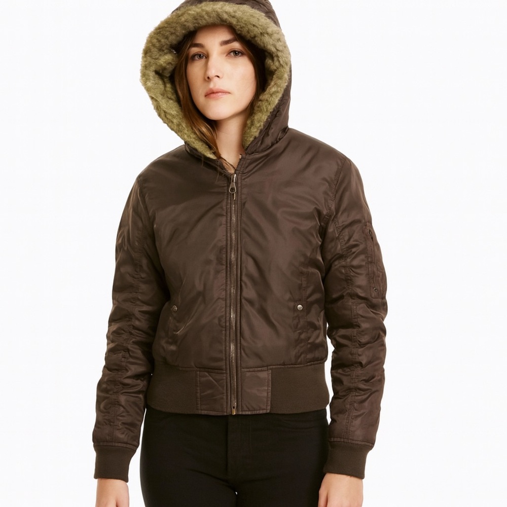Baby Phat Womens Brown Faux Fur Hooded‎ Bomber Jacket Embroidered Cat Logo Y2K